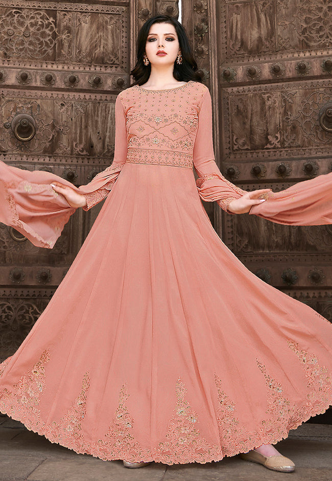 Heavy Georgette (Fully Lined) Peach Gown for Daily wear.